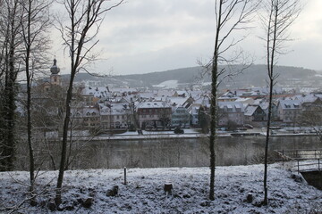 cityshape of snowed marktheidenfeld with main river