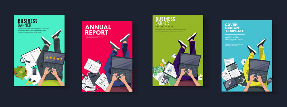 Business and technology flat style covers set. Flat vector illustration