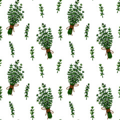 Hand drawn thyme seamless pattern. Herbal print in colored sketch style. Vector illustration