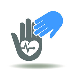 Hand reaches for the other hand with heart and oulse icon vector. NGO Non-governmental organization logo. Medical Care Symbol.