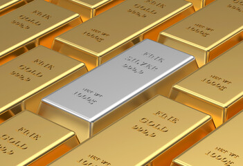 Rows of gold bars with one silver bar. 3D illustration