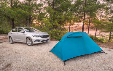 The blue tent is set up on a flat area in the forest near a car. Road trips and camping in the woods