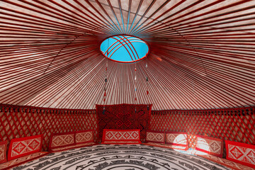 Interior of a Yurt. It is a portable tent house in the culture of Central Asian nomadic peoples....