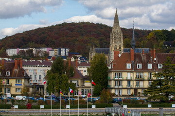 View from the ship, river in rouen, France. Church view