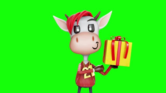 3d characters animation of the cute adorable cow wearing a red long sleeve shirt with number 21 for new year season 2021 and yellow gift box on green screen background and luma matte section.