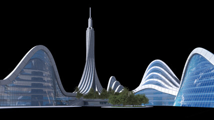 3D illustration of a city skyline with futuristic architecture, isolated on black and the clipping path included in the file, for science fiction or fantasy backgrounds. © 3000ad