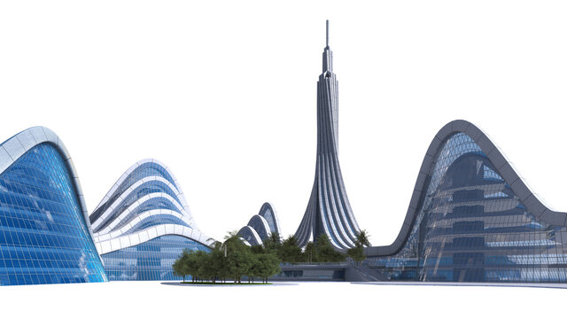 3D rendering of a city skyline with futuristic architecture, isolated on white and the clipping path included in the file, for science fiction or fantasy backgrounds.


