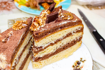 Delicious piece of homemade cake on a plate with chocolate and walnuts.