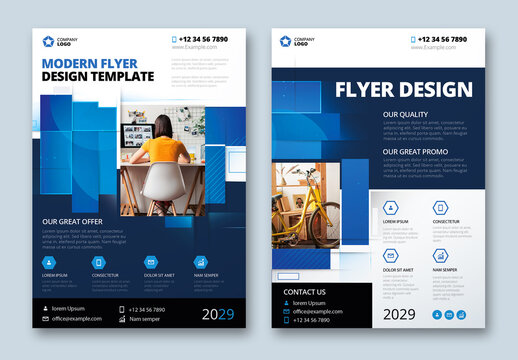 Flyer Layout with Blue Layered Rectangle Shapes
