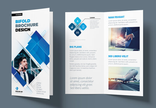Blue Bifold Brochure Layout with Rectangles
