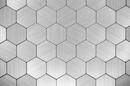 Stainless Steel Texture. Metal Background. Hexagon Steel Tile Texture. Futuristic Tiled Aluminum Background.