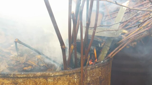 burning wood in an iron barrel color