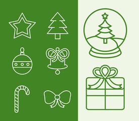 happy merry christmas, gift tree star candy bow star snowflake and others icons line fill