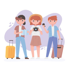 people traveling, girl and boys with camera map and suitcases