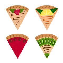  Set of pies with fruits and berries, top view. Cakes with lingonberry, lemon, cherry and kiwi. Stock vector illustration isolated on a white background.