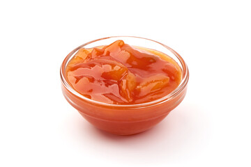 Hungarian lecho of tomatoes and sweet paprika, isolated on white background
