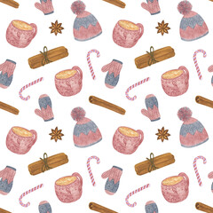 Repeat pattern of winter hot drink cup and cinnamon watercolor illustration of food dessert image for menu, greeting card, winter holidays celebration design, simple pattern in hand drawn style