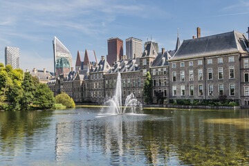 Fototapeta na wymiar Pond Hofvijver (Court Pond) near historical Binnenhof (Inner Court) in City center of The Hague. Den Haag (The Hague). Netherlands.
