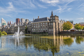 Pond Hofvijver (Court Pond) near historical Binnenhof (Inner Court) in City center of The Hague. Den Haag (The Hague). Netherlands.