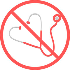 No medical healthcare sign or no stethoscope flat vector icon isolated in white background for apps mobile, print and websites. Warning label.