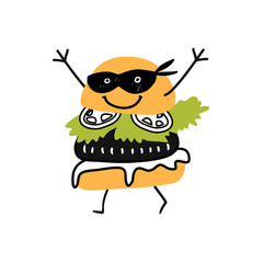 Hand drawn doodle style burger with smile and eyes.