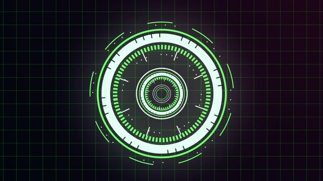 Detailed radial Heads-Up-Display HUD rotating graphics for sci-fi, gaming or drone footage. Loop ready animation. Includes black background and green screen chroma key versions.