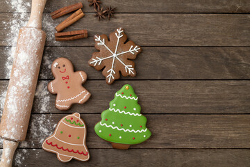 Traditional christmas gingerbread over a wooden table with copy space