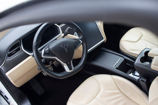 Brest, Belarus, Oct 16, 2020: The interior of a Tesla Model S car was photographed in Brest, Belarus.