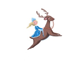 winter girl on deer rides blue blonde