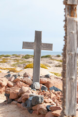Skeleton Coast, Namibia. Cemetery with old wooden crosses by the Cape Cross Sale Reserve.