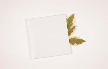 empty white photo book with leaves