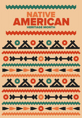 Native American Heritage Month in November. American Indian culture. Celebrate annual in United States. Tradition pattern. Poster, card, banner and background. Vector ornament, illustration