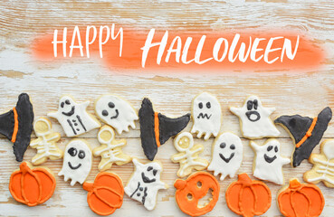 Halloween Jack o Lantern cookies, pumpkin, ghost, black cat, witch hat. Trick or Treat background