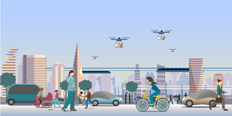 Modern  future city view. Renewable electrified city transports. Driverless vehicles and drones for light deliveries. Vector Illustration. 