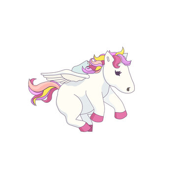 Cute flying Pegasus in Cartoon design style, vector stock illustration on white isolated background, concept of Magic and Mythology, Cartoons and pictures for Children, Fantasy and Fairy.
