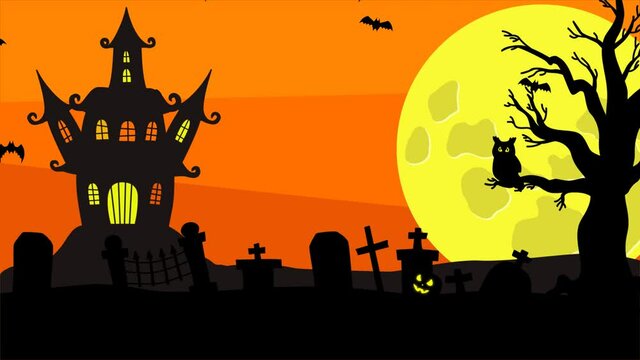 Halloween cartoon animation with spooky, haunted castle, scary rolling pumpkins with glowing eyes, flying bats, animated tree