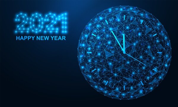 Happy new year 2021. The clock shows five minutes to twelve. Polygonal construction of concatenated lines and points. Blue background.