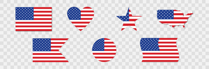 Fototapeta premium American Flag icon. Set of USA flags .2020 American Presidential Election . Veteran day banner in flat style. Illustration on transparent background.
