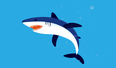 Vector shark illustration - Dangerous shark swimming under water with bubbles and blue sea.