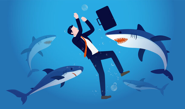 Businessman in danger - Man sinking under water with scary sharks swimming around. Unlucky, business problem and despair concept. Vector illustration.