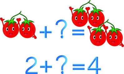 Educational games for children, mathematical addition, example with tomatoes.