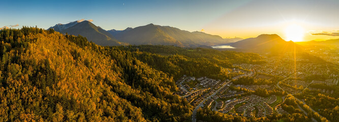 Ultra wide angle aerial panorama photo of the Chilliwack city that seats in the Fraser Valley in...