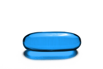 Blue single capsule isolated on white. Medicine healthcare background. Drugs dose in group. Painkiller pill. Pharmacy virus cure. Empty copy space tablet backdrop.