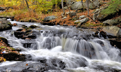Moss-covered boulders, autumn leaves, and rapids along swift flowing Willard Brook in Willard Brook State Park, Massachusetts.