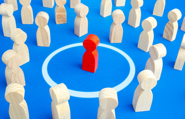 The red man keeps his distance in people crowd. Personal space, comfort zone. Protection of...
