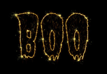 Sparkling burning text BOO isolated on black background. Beautiful overlay template object for design holiday greeting card, billboard and web banner.