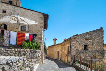 An alley of Santo Stefano di Sessanio, ancient hill town in the province of L'Aquila, Abruzzo region, Italy, located in the Gran Sasso e Monti della Laga National Park.