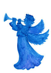 Watercolor silhuette blue drawing of angel with wings plaing on trumpet isolated on white background
