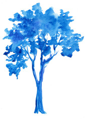 Watercolor silhuette blue drawing of  tree  isolated on white background