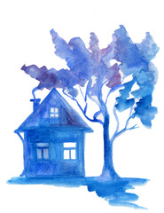 Watercolor silhuette blue drawing of house and tree  isolated on white background